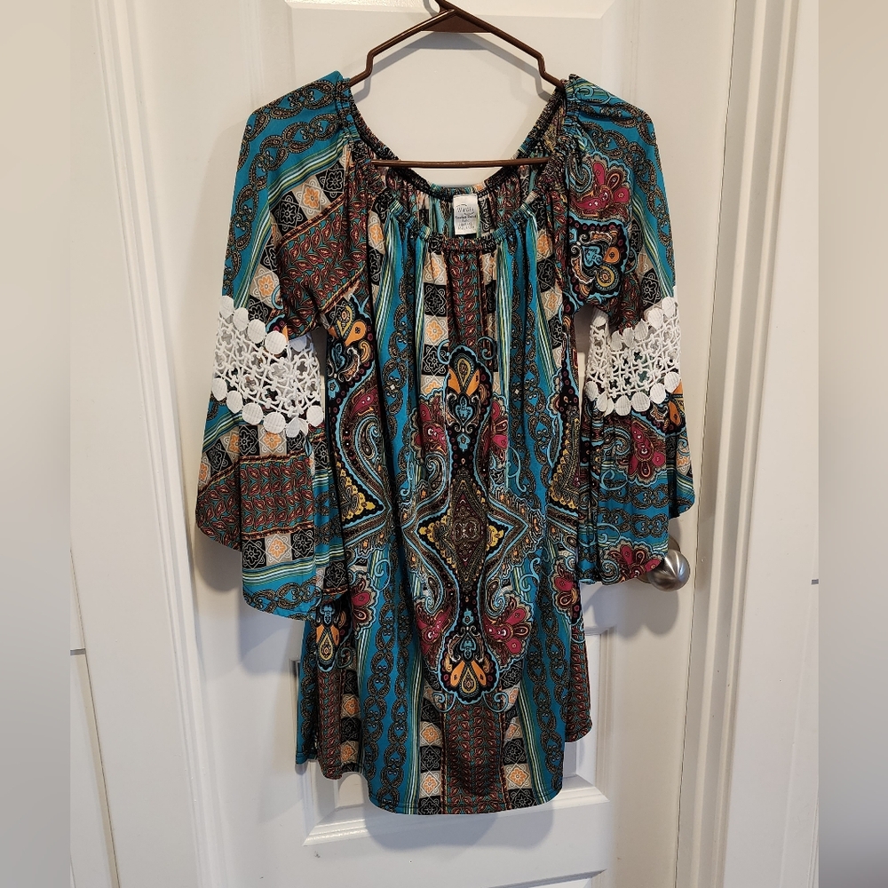 WinWin Blue and Brown Casual Tunic with Bell Sleeves